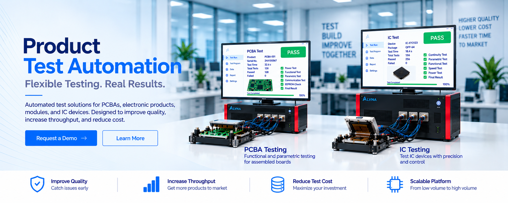 ALVNA Test Automation with PCBA and taller IC test chassis, connected fixtures, blue cabling and live PASS monitoring screens